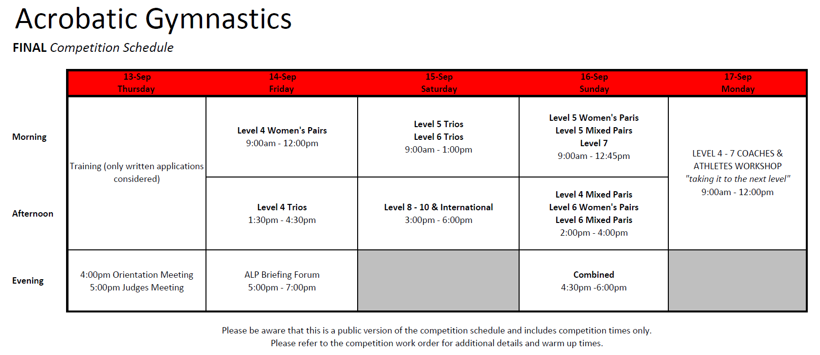 Competition Schedule National Clubs Gymnastics Carnival